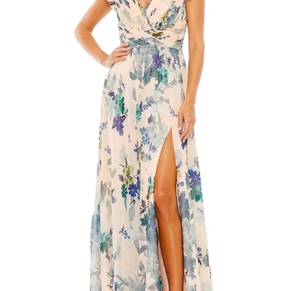 Mac Duggal Dresses & Skirts - Floral Wrap Maxi Mac Duggal Dress in Peach and Blue